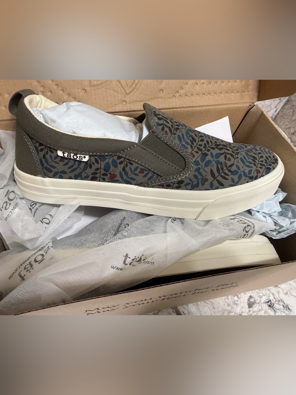 Taos Footwear Olive Green Slip-On Sneakers with Blue Floral Print